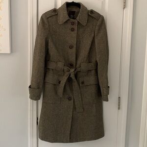 Via button-up wool pea coat tan brown‎ size S tie waist midi classic elegant